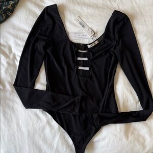 Alice + Olivia Black Bodysuit with Rhinestone Detail